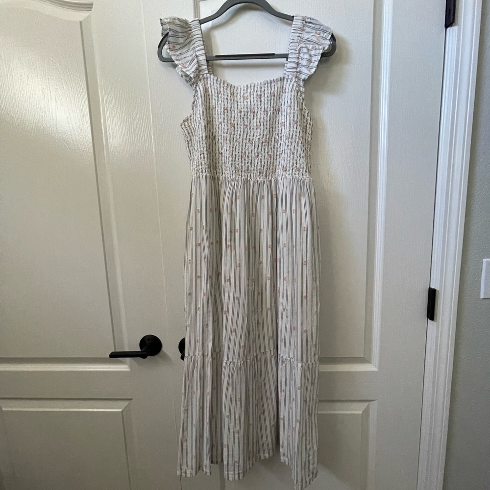 LOFT Stripe Smocked Ruffle Midi Dress
